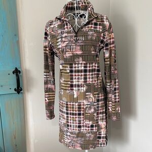 Adidas Plaid Patchwork Long Sleeve Tunic Dress in Olive, Pink & Cream